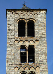 UNESCO World Heritage.
First Romanesque church of Sant Climent in the village of Taüll. Detail of the tower. (12 century). Valley of Boi. Spain. 