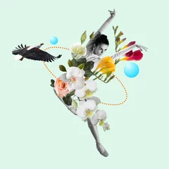 Foto op Plexiglas Dancing woman a ballet dancer or performer with flowers. Copyspace. Modern design. Contemporary art collage © master1305