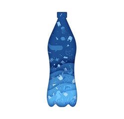 Plastic Bottle from hole with garbage underwater in paper cut style. Blue ocean waves with whale fish crab turtle and other marine animals . 3d realistic vector background for environmental poster