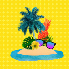 Vacation on a desert island. Copyspace to text. Modern design. Contemporary pop artwork, collage.