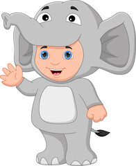 boy wearing elephant costume waving