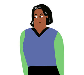 A cute girl looks slyly to the side. A sly look, the girl thought. Flat vector illustrations in doodle style