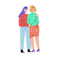 Two lovely friends hug and hold hands. Close female friendship. Same-sex relationships. Flat vector illustration drawn by hand