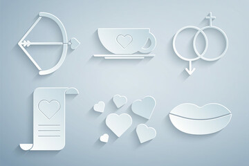 Set Heart, Gender, Envelope with Valentine heart, Smiling lips, Coffee cup and and Bow arrow icon. Vector