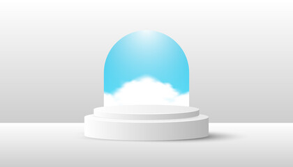 White Product Podium with cloud on blue sky. Suitable For Web Banners, Diagrams, Infographics, Book Illustration, Social Media, and Other Graphic Assets