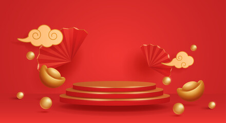 3D illustration of Chinese New Year red and golden theme podium scene with paper graphic style of oriental festive elements on background for product display. Wide copy space for design.
