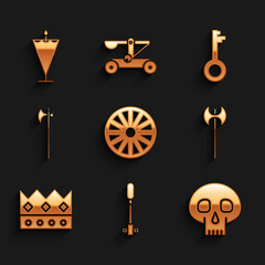 Fototapeta na wymiar Set Old wooden wheel, Torch flame, Skull, Medieval axe, King crown, halberd, key and flag icon. Vector