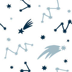 Vector space seamless pattern with hand drawn cosmic elements: star, constellations, comets. Flat kids vector illustration on white background.