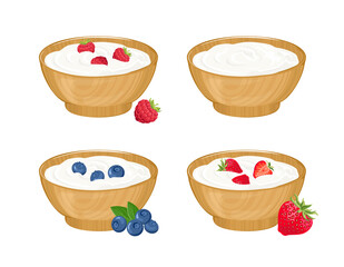 White yogurt with berry in  wooden bowl. Vector illustration of Greek yogurt with raspberry, strawberry and blueberry. Cartoon flat style.