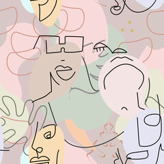 One line drawing. Abstract face seamless pattern.