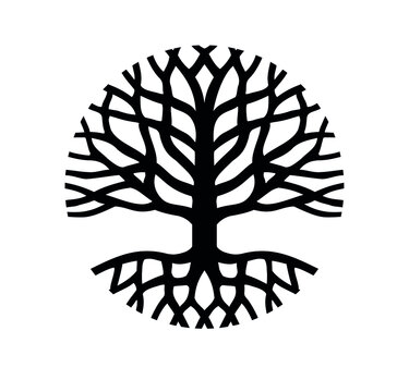 Round Tree of Life with roots,branches.Vector black circle icon outline silhouette drawing.Family logo  sign design.Tattoo.Print decor.Vinyl wall sticker decal.Plotter laser cutting. DIY. Cut file.