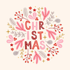 Christmas greeting card with berries, mistletoe, stars, leaves, fir branch © miumi