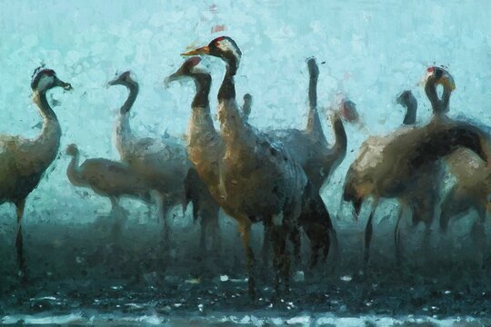 Oil painting of crane birds on autumn migration in Havelland.