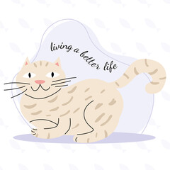 The beige cat sleeps on a purple background with fishes. Vector illustration.