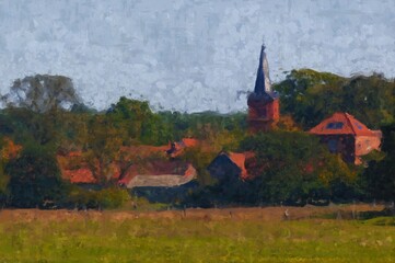 Fototapeta na wymiar Acryl paintings of the village view of Prietzen at Glueper See in Havelland region.