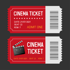 Cinema tickets. Set of tickets to the cinema. Movie  ticket template with clapperboard and the inscription "Cinema Ticket" and details. Vector illustration.