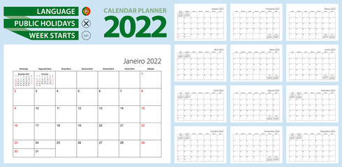 Portuguese calendar planner for 2022. Portuguese language, week starts from Sunday.