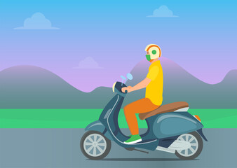 Plakat A man or a guy in a helmet rides a scooter or bike. The concept of sustainable transport, active lifestyle, millennial generation. Sunset background with mountains.