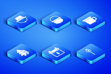 Set Burning match with fire, Camping hat, Calendar tree, Tree, pot and metal mug icon. Vector