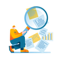 The man uses a magnifying glass to view various documents and search for the necessary information. Vector illustration in a flat style on the topic of working with big data.