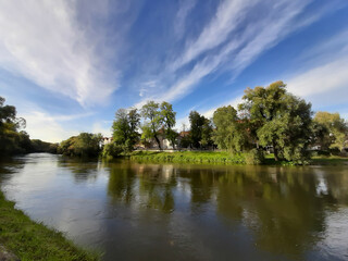 spring landscape near Danube river in Regensburg city, Germany