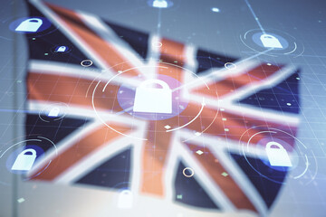 Virtual creative lock sketch with chip hologram on flag of Great Britain and blue sky background,...