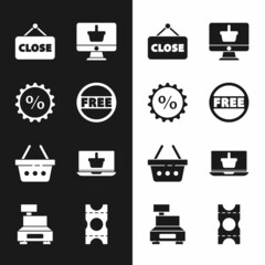 Set Price tag with Free, Discount percent, Hanging sign Closed, Monitor shopping basket, Shopping, laptop, Coupon and Cash register machine icon. Vector