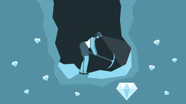 Flat woman miner working with mining pickaxe in mine with precious stones. Flat Design Cartoon Character Loop 2d Animation