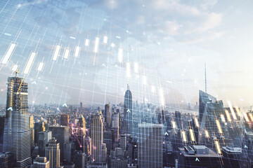 Multi exposure of virtual abstract financial chart hologram and world map on New York city skyscrapers background, research and analytics concept