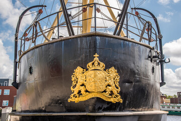 Den Helder, the Netherlands. July 31, 2021. Bow and stern of historical ram ship De Schorpioen at...
