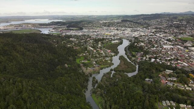Hatea river and Riverside of Whangarei City, highest populated area in Northland, New Zealand - aerial drone