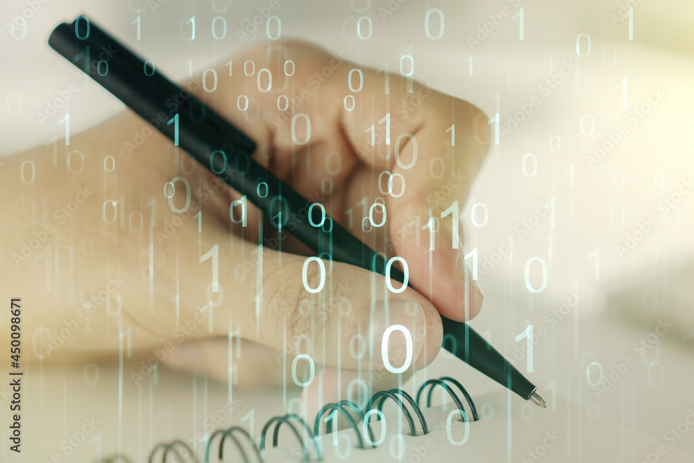 Leinwandbilder creative abstract binary code hologram and man hand writing in diary on background, ai and machine l