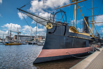 Den Helder, the Netherlands. July 31, 2021. Bow and stern of historical ram ship De Schorpioen at...