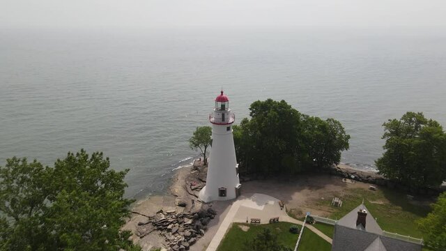 Marblehead Lighthouse along Lake Erie in Ohio drone flyover.
