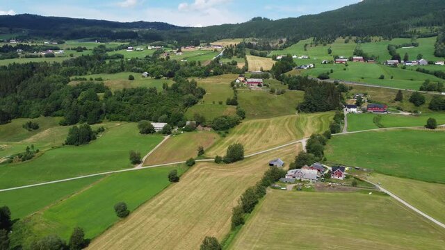 Countryside farmland at hillside in Byrkjelo Norway - Summer day aerial view
