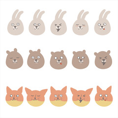 Set of cute faces hare, bear and fox in different emotions: surprised, funny, laughing, interested, sleeping. Character design in scandinavian style