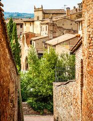 Vertical shot of old buildings surrounded by greenery in San Gimignano, Tuscany, Italy - obrazy, fototapety, plakaty