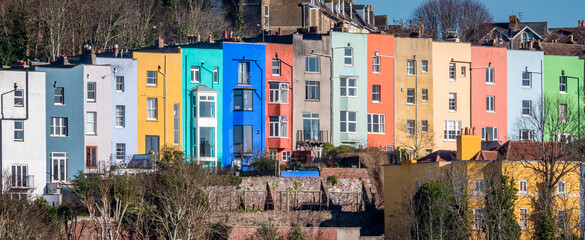 Panoramic shot of colorful houses of Clifton on a sunny day in Bristol, the UK