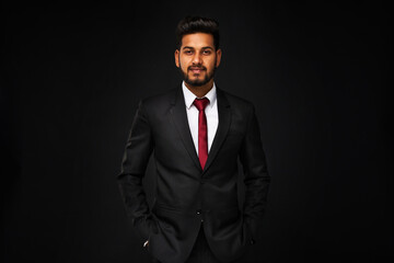 Portrait of young indian business man in black suit on black isolated background - Powered by Adobe