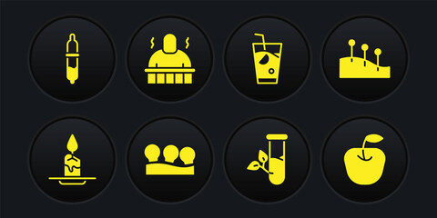 Set Aroma candle, Acupuncture therapy, Vacuum cans, Laboratory glass leaves, Fresh smoothie, Sauna spa procedures, Apple and Pipette icon. Vector