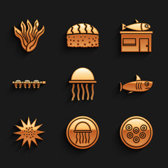 Set Jellyfish, on a plate, Caviar, Shark, Sea urchin, Grilled steak, Seafood store and Seaweed icon. Vector