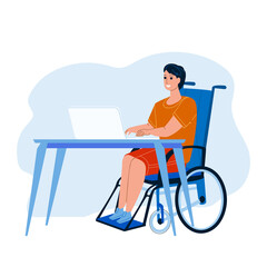 Fototapeta na wymiar Disabled Worker At Workplace Remote Working Vector. Disabled Worker Sitting On Wheelchair Work Distance Or In Office, Disability Employee. Character Invalid Man Job Flat Cartoon Illustration