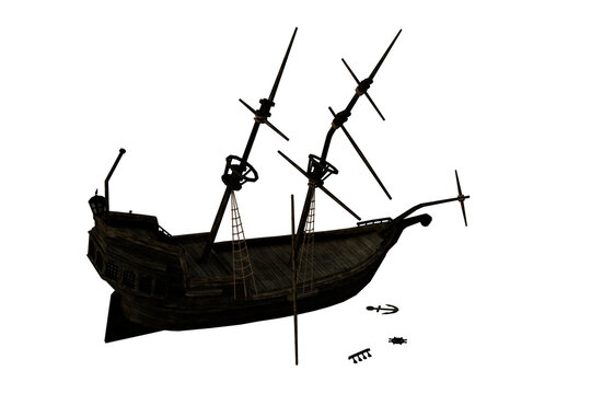 3D illustration of an abandoned old pirate shipwreck isolated on a white background.
