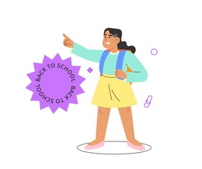 Fototapeta premium Concept of back to school. Colored flat vector illustration with happy child. Template, banner or flayr for design.