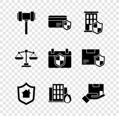 Set Judge gavel, Credit card with shield, House, Fire in burning house, Delivery insurance, Scales of justice and Calendar icon. Vector