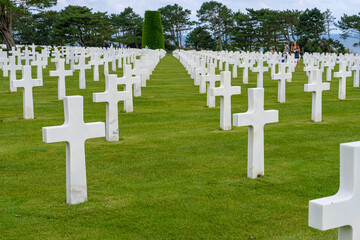 Colleville-Sur-Mer, France - 08 03 2021: Normandy American Cemetery and Memorial and the white crosses