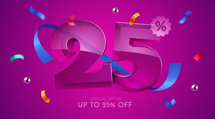 25 percent Off. Discount creative composition. 3d mega sale symbol with decorative objects. Sale banner and poster.