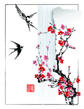 Swallows are circling above the blossoming sakura branch. Text - "Sincerity". Vector illustration in the style of oriental painting Sumi-e.