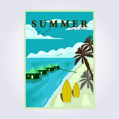 summer surfing beach vintage poster classic national park vector illustration design villa resort beach poster