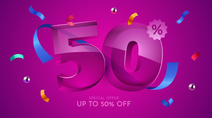 50 percent Off. Discount creative composition. 3d mega sale symbol with decorative objects. Sale banner and poster.
